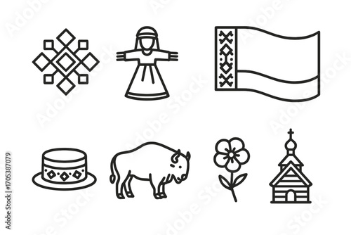 Belarusian Culture Icons. Outline icon set of Belarusian culture: national ornament, straw doll, traditional embroidery, Belarus