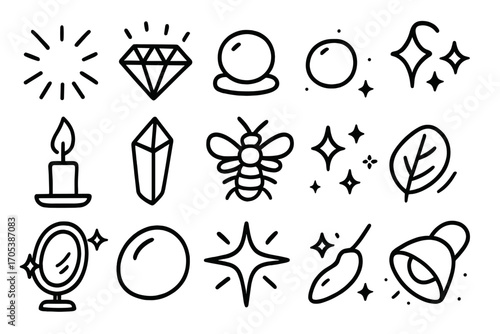 Radiant Icon Collection. Hand-drawn doodle illustration radiant gloss light rays, diamond, pearl, sparkle stars, candle flame,