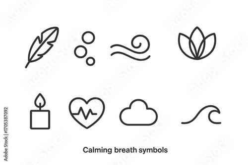 Calming Breath Icon Set. Outline icon set of calming breath symbols: feather, bubble, wind swirl, lotus, candle flame, heart beat