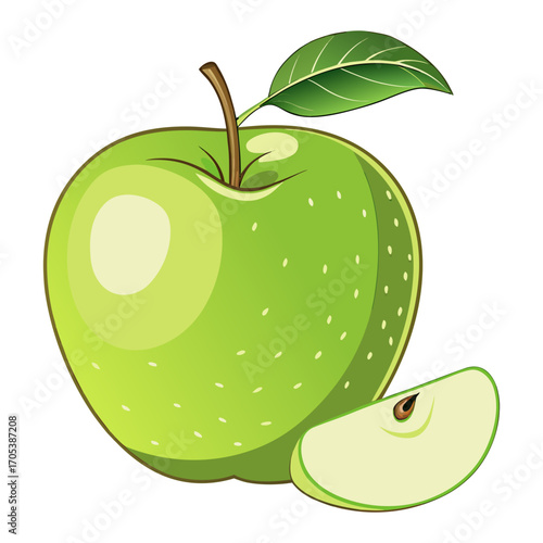Fresh Green Apple with Leaf and Slice Illustration