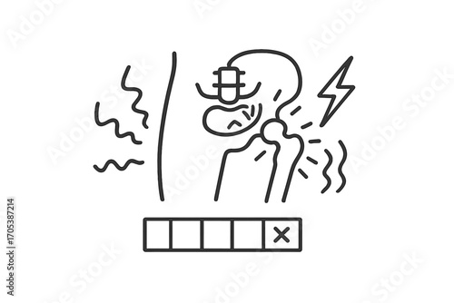 Hip Pain Illustration. Hand-drawn doodle illustration hip pain hip area icon, red zone symbol, aching joint, inflammation wave,