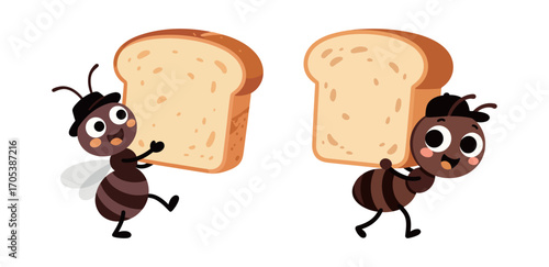 Pair of cute cartoon ants carrying bread. Happy insect mascot holding a slice of toast. Vector illustration isolated on a white background.