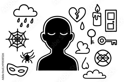 Symbols of Inner Turmoil. Hand-drawn doodle illustration darkness inside silhouette, shadow, closed eyes, heart, tear, broken