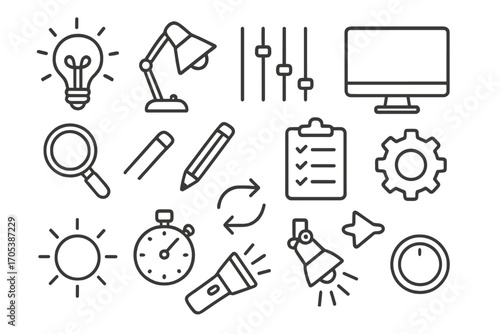 Lighting Doodle Icons. Hand-drawn doodle illustration lighting preset light bulb, lamp, sliders, settings icon, computer screen,