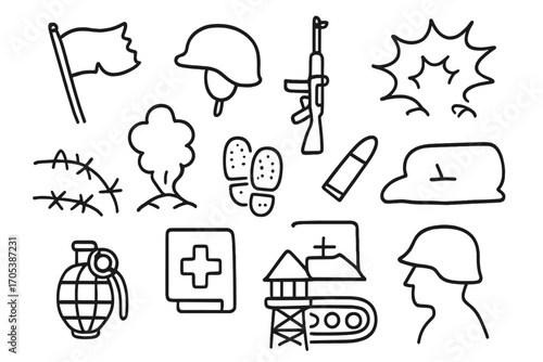 Battle Retreat Symbols. Hand-drawn doodle illustration Battle retreat symbols broken flag, helmet, rifle, explosion, smoke cloud,