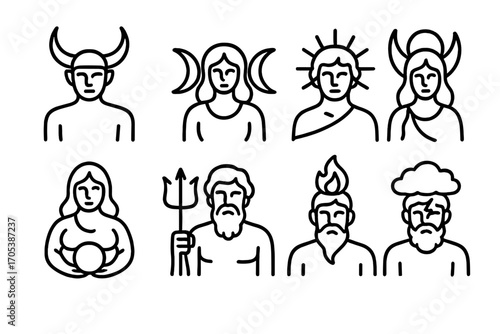 Pagan Deity Icons. Outline icon set of pagan deities: horned god, triple goddess, sun god, moon goddess, earth mother, sea god,