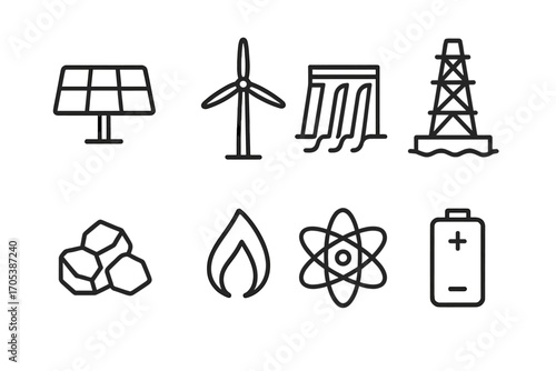 Energy Source Icons. Outline icon set of energy sources: solar panel, wind turbine, hydroelectric dam, oil rig, coal, natural gas