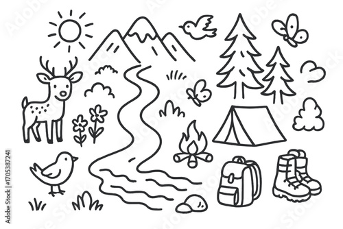 Nature Retreat Icons. Hand-drawn doodle illustration nature retreat forest path, deer, wildflowers, river, pine trees, tent,