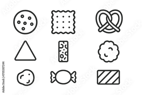 Snack Icon Grid. Outline icon set of snack shapes: round cookie, square cracker, stick pretzel, triangle chip, bar granola, sphere