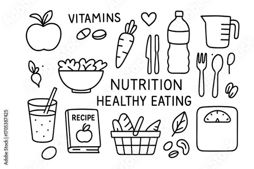 Healthy Eating Doodle. Hand-drawn doodle illustration Nutrition and healthy eating apple, carrot, salad bowl, water bottle,