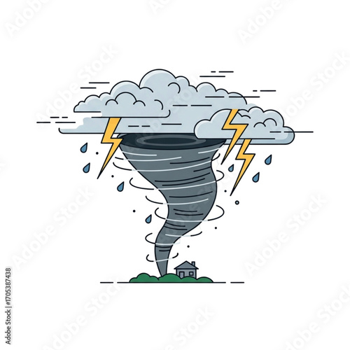 Tornado storm with lightning and rain destroying a house.