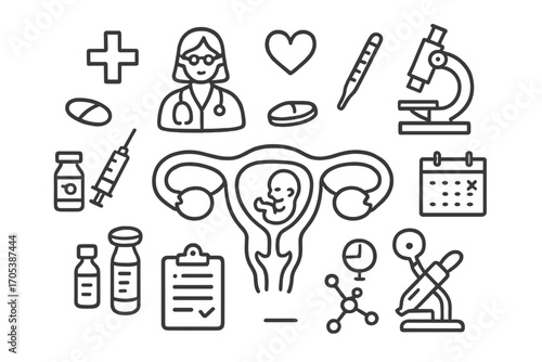 Fertility Icons Doodle. Hand-drawn doodle illustration uterus embryo implantation uterus, embryo, placenta, ovaries, fallopian