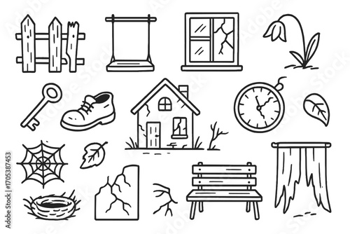 Abandoned House Elements. Hand-drawn doodle illustration abandonment broken fence, empty swing, cracked window, wilted flower,