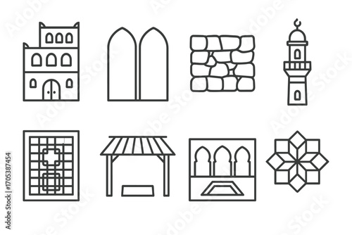 Yemeni Architecture Icons. Outline icon set of Yemeni architecture: Mudbrick tower house, Arched doorways, Stone walls, Mosque
