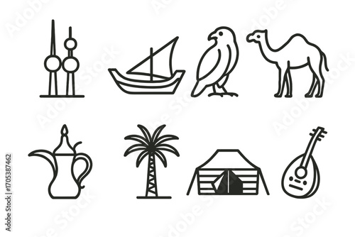 Kuwaiti Culture Icons. Outline icon set of Kuwaiti culture: Kuwait Towers, Traditional dhow boat, Falcon, Camel, Coffee pot