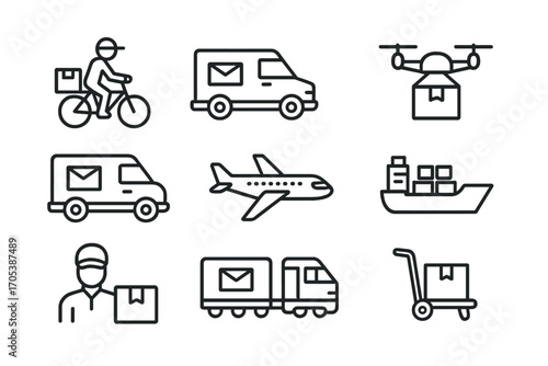 Mail Transport Icons. Outline icon set of mail transport: postal van, bicycle courier, mail truck, delivery drone, airplane, cargo