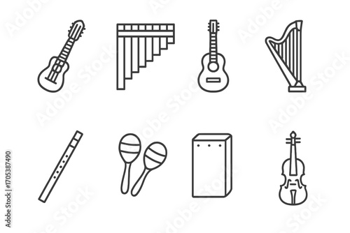 Peruvian Instruments Icons. Outline icon set of Peruvian music instruments: charango, pan flute, cajón drum, guitar, harp, quena