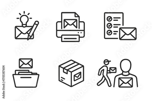 Direct Mail Icons. Outline icon set of direct mail processes: design concept, print run, mailing list, sorting, packaging,