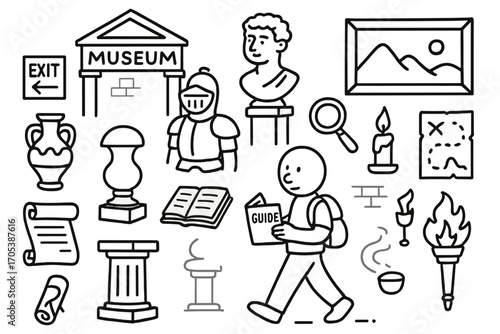 Museum Adventure Icons. Hand-drawn doodle illustration Walking through a historical museum museum building, visitor with guidebook