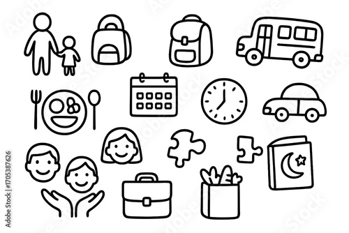Single Parent Journey. Hand-drawn doodle illustration single parent and child parent figure, child, school bus, backpack, calendar