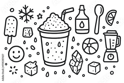 Summer Slush Doodle. Hand-drawn doodle illustration summer refreshment slush slush cup, straw, ice crystals, snowflake, syrup