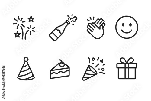 Celebration Icon Set. Outline icon set of celebration surprise: fireworks, champagne bottle, clapping hands, smiling face, party