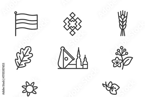 Latvian Icon Set. Outline icon set of Latvian symbols: national flag, folk ornament, oak leaf, rye sheaf, kokle instrument, Riga