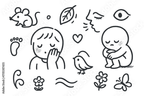 Shy Expressions Doodle. Hand-drawn doodle illustration timidity shy face, hiding behind hand, blushing cheeks, small mouse, closed