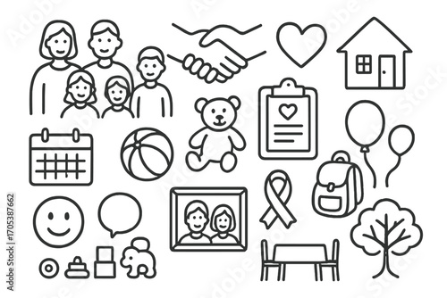 Foster Family Support Icons. Hand-drawn doodle illustration foster family support group, handshake, heart, house, children,