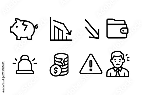 Financial Loss Icons. Outline icon set of financial loss: broken piggy bank, falling graph, empty wallet, red downward arrow,