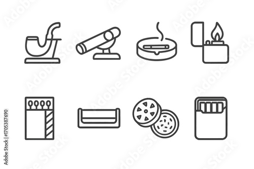 Smoking Accessories Icons. Outline icon set of smoking accessories: pipe stand, cigar holder, ashtray with cigarette, lighter with