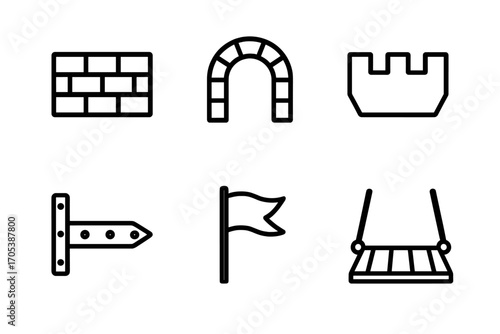 Castle Gate Icons. Outline icon set of castle gate architecture details: brick pattern, arch stone, window slit, crenellation,