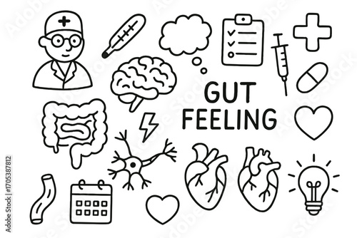 Gut-Brain Doodle. Hand-drawn doodle illustration gut feeling gut-brain axis gut, brain, neurons, nerve, syringe, clipboard, pill,