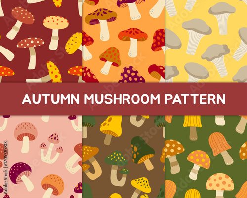 Colorful mushroom seamless pattern set featuring boletus, fungi, and forest fungus on vibrant seasonal backgrounds. Great for fabric, wallpaper, children’s design, and whimsical crafts.