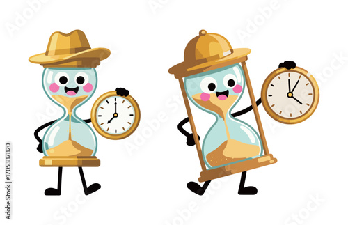 Cute cartoon hourglass characters with happy faces and a clock. Funny time management mascots with hats.
