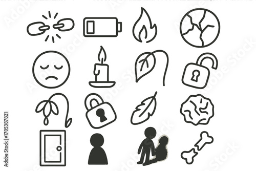 Symbolic Loss Icons. Hand-drawn doodle illustration loss of control broken chain, empty battery, fading flame, cracked glass,