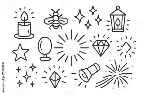 Radiant Objects Doodle Icons. Hand-drawn doodle illustration glowing shine candle flame, firefly, sparkle, crystal, light rays,
