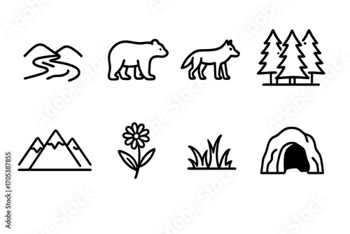 Bosnian and Greek Icons. Outline icon set of Bosnian nature and wildlife: Drina river, brown bear, wolf, forests, mountains,