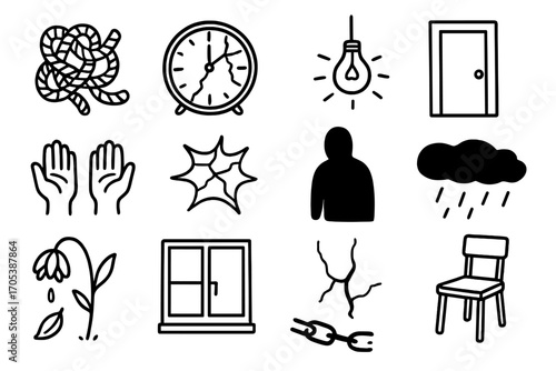 Loss of Control Symbols. Hand-drawn doodle illustration loss of control tangled ropes, broken clock, locked door, empty hands,