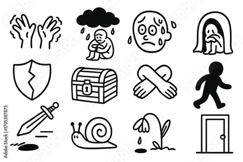 Symbols of Anxiety. Hand-drawn doodle illustration nervousness and retreat trembling hands, shrinking person, sweating face,