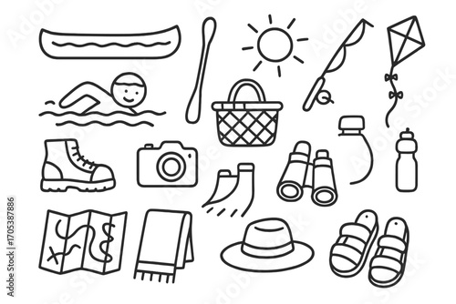River Recreation Doodles. Hand-drawn doodle illustration River recreation activities canoe, paddle, fishing rod, swimmer, picnic