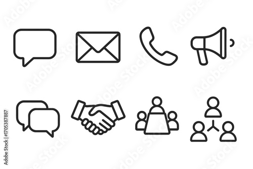 Communication Icons Grid. Outline icon set of influence communication: speech bubble, email, phone, megaphone, chat bubbles,