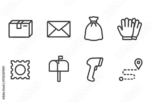 Mail Handling Icons. Outline icon set of mail handling: parcel, letter, mailbag, sorting gloves, stamp, mailbox, handheld scanner,