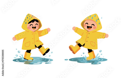 Two cute happy kids in yellow raincoats and boots jumping in puddles. Funny cartoon characters splashing in the rain.
