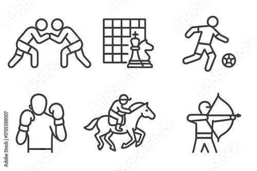 Azerbaijani Sports Icons. Outline icon set of Azerbaijani sports: wrestling, chess, football, boxing, judo, horse racing,