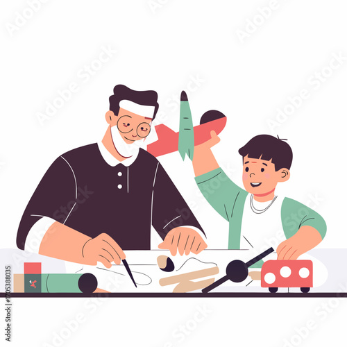 A heartwarming scene of a father and son crafting a toy airplane together. This moment of bonding showcases the joy of creativity and family time