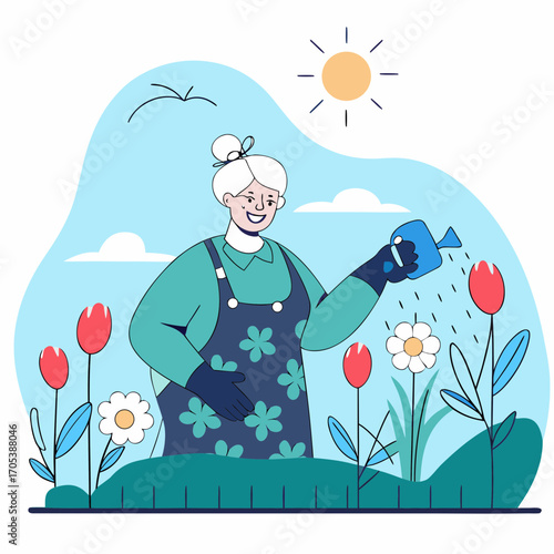 A cheerful woman watering flowers in her vibrant garden, tending to blooming flowers with care