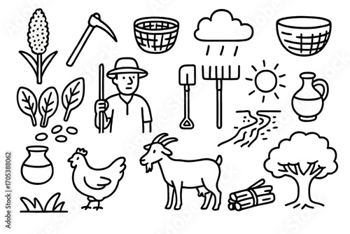 Botswanan Farming Doodles. Hand-drawn doodle illustration Botswanan agriculture sorghum, hoe, basket, farming tools, farmer,