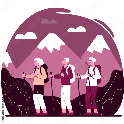 Hiking trio enjoying majestic mountain views during a serene trek. The illustrated scene portrays a group of hikers traversing a picturesque mountainous landscape