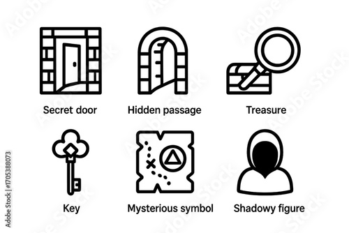 Hidden World Icons. Outline icon set of hidden world elements: secret door, hidden passage, treasure chest, magnifying glass,